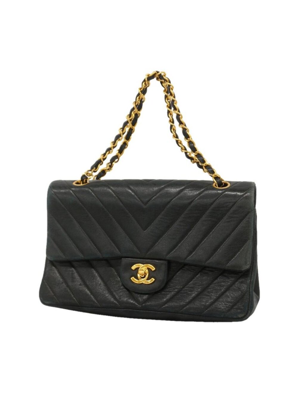 Chanel Shoulder Bag V-stitch Lambskin Black Gold